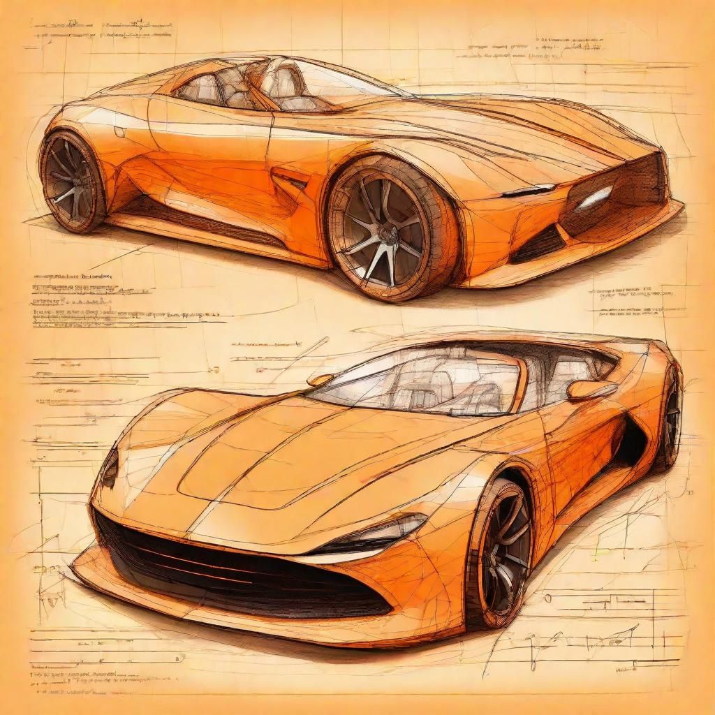 Futuristic Sports Car Design Sketch on Orange Paper