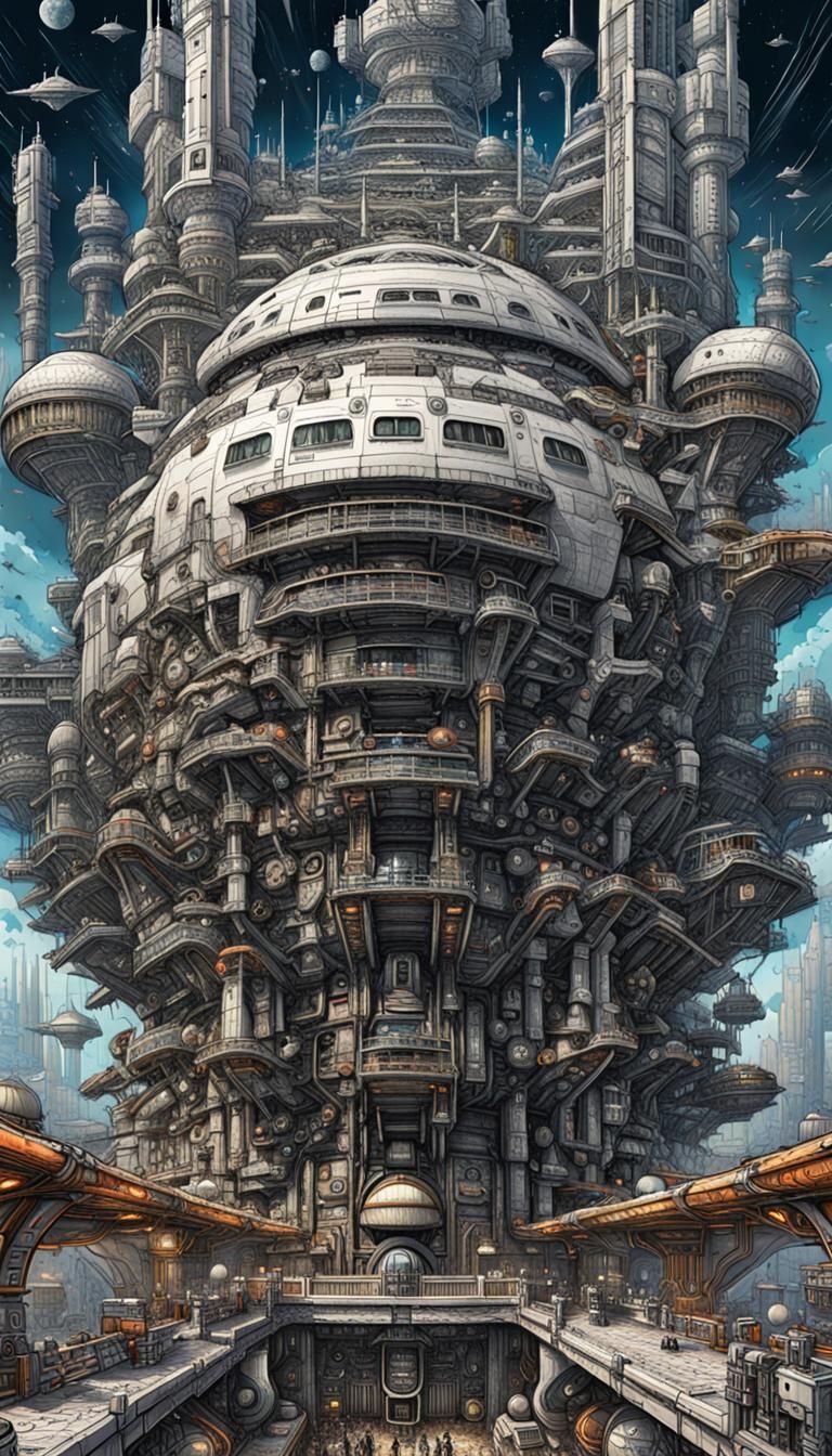 Elaborate Steampunk War Spacecraft in Cybernetic Fortress