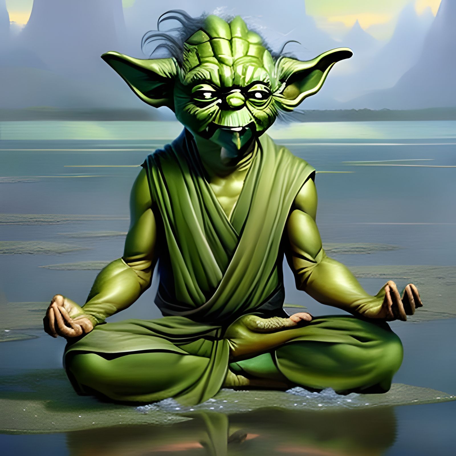 Hyperrealistic Yoda Doing Yoga in Swamp