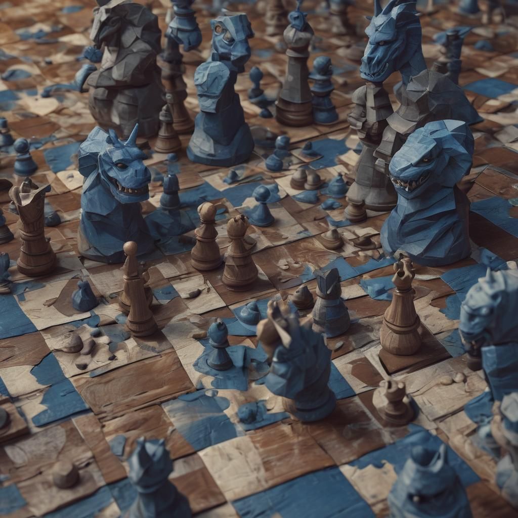 Cubist Monsters Play Chess in Geometric Scene