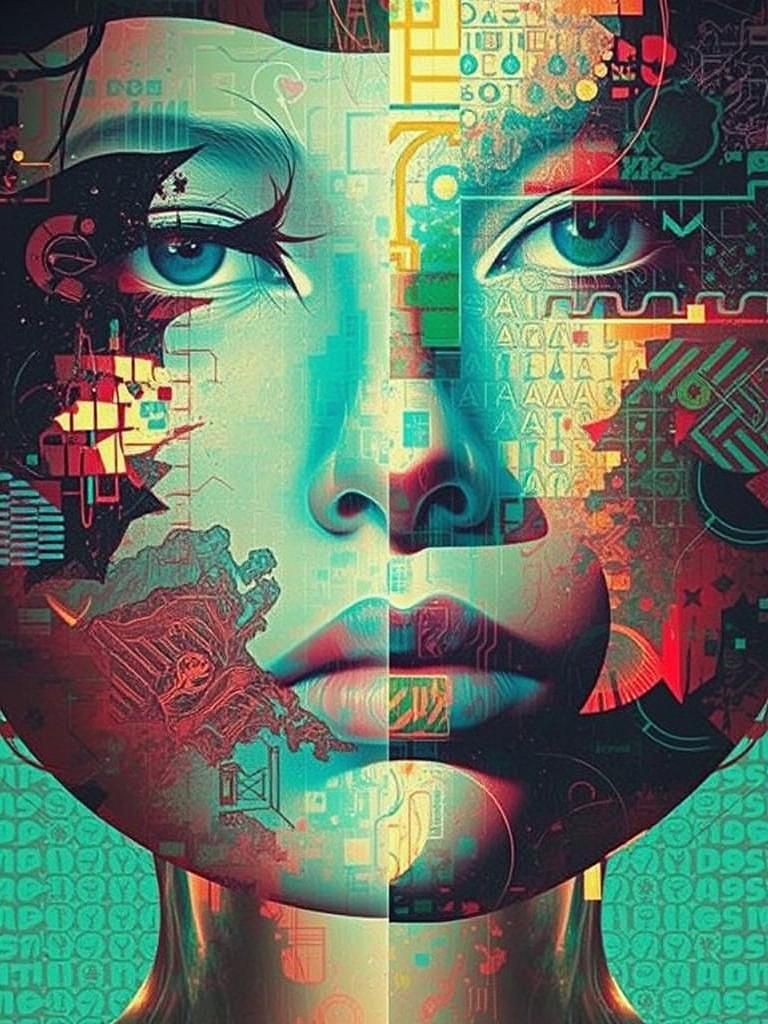 Contemplative Woman in Shadow, Glitch Art Dreamscape