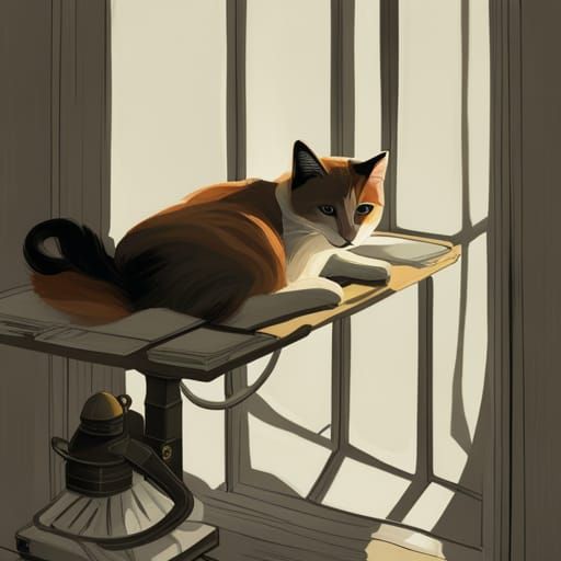 Cat Lounging by Window: Impressionistic Still Life