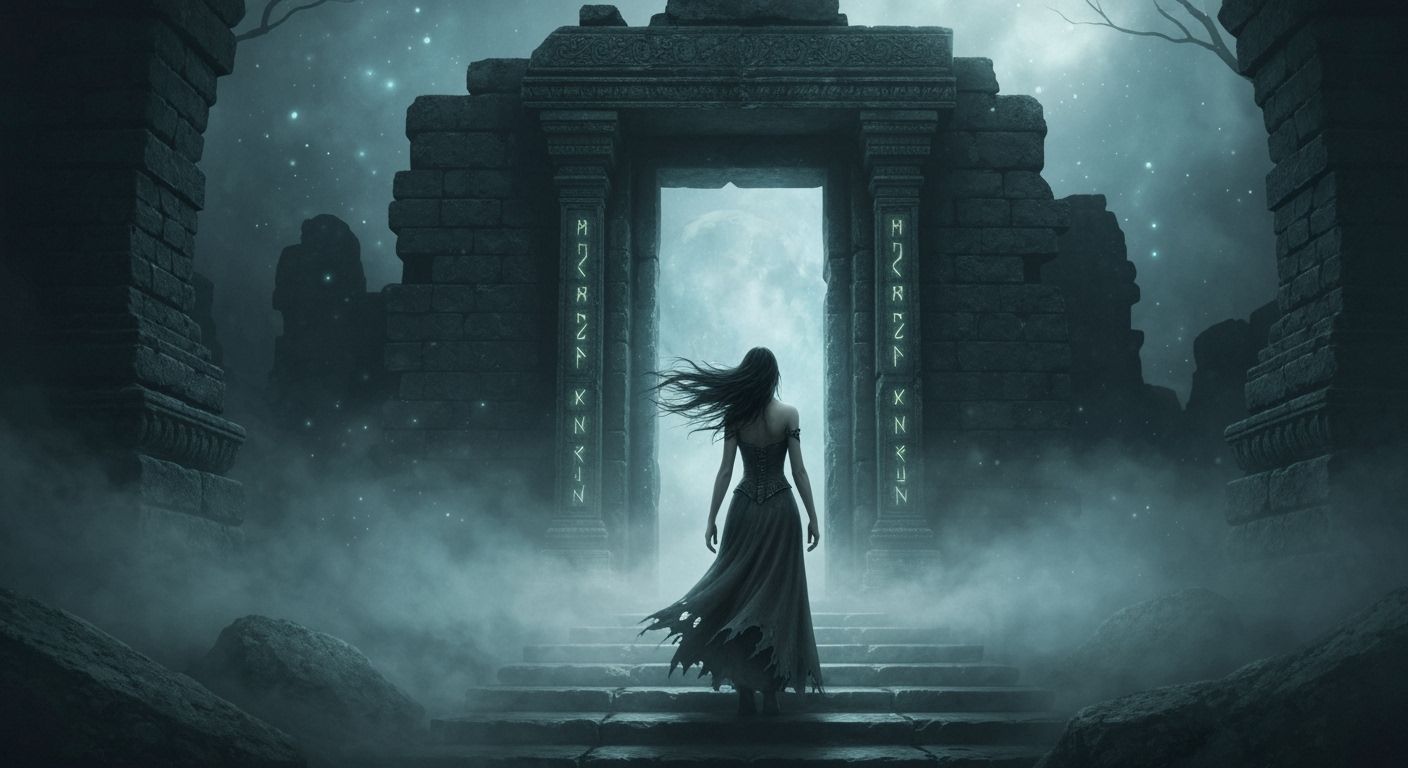 Gothic Fantasy Art: Woman at Ancient Temple Entrance