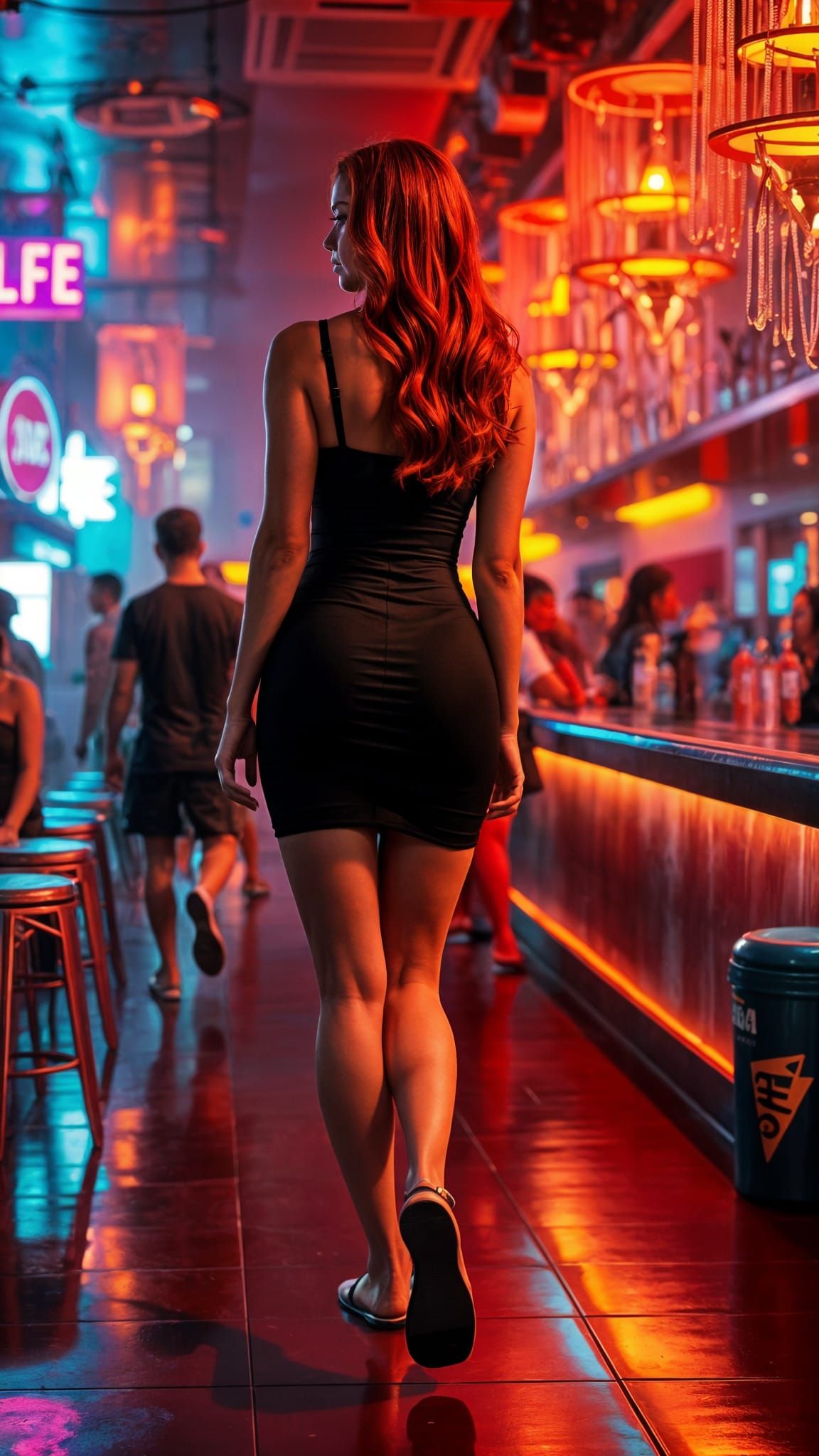 Sultry Woman Exits Nightclub in Hyperrealistic Style
