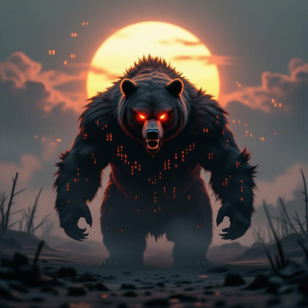 Demonic Fire Bear with Glowing Eyes in Digital Wasteland