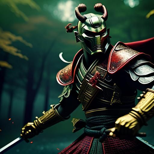 Samurai with Demon Mask in Autumn Forest