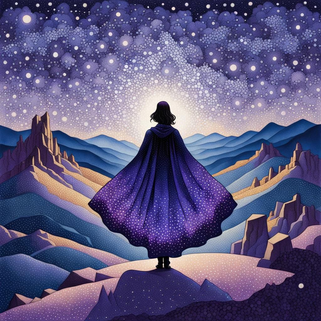 Pointillist Woman Under Starry Night Sky