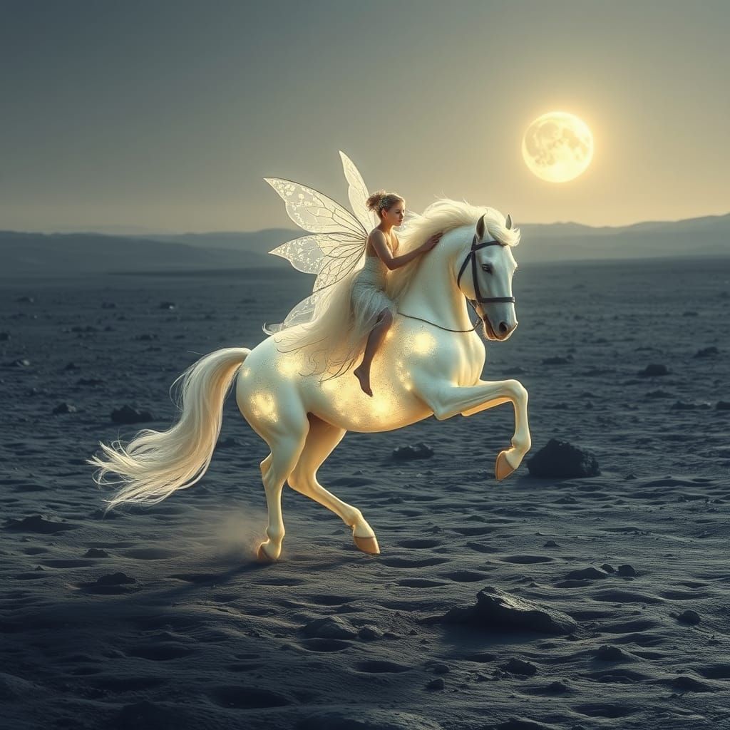 Moonlit Fairy and Her Glowing Steed in a Realistic Landscape