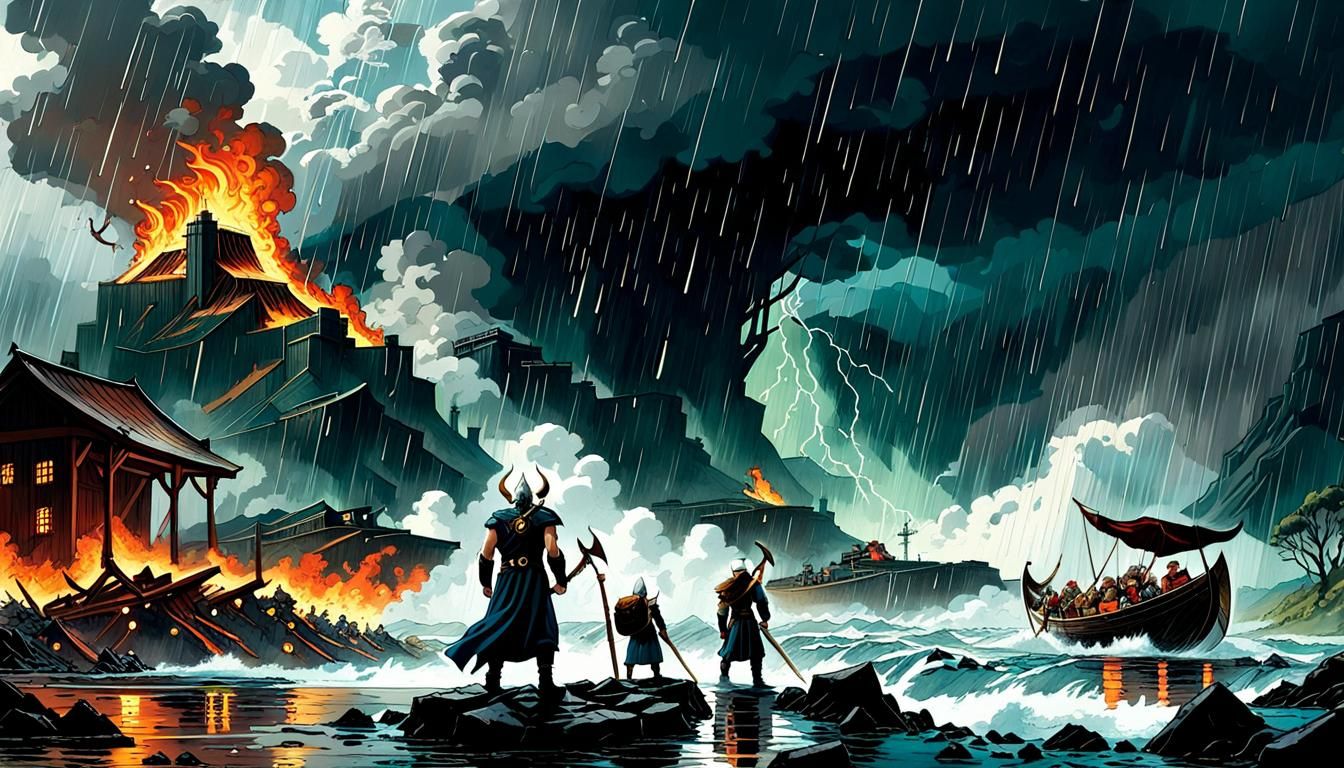 Ragnarök: Norse Gods in Epic Disaster Scene