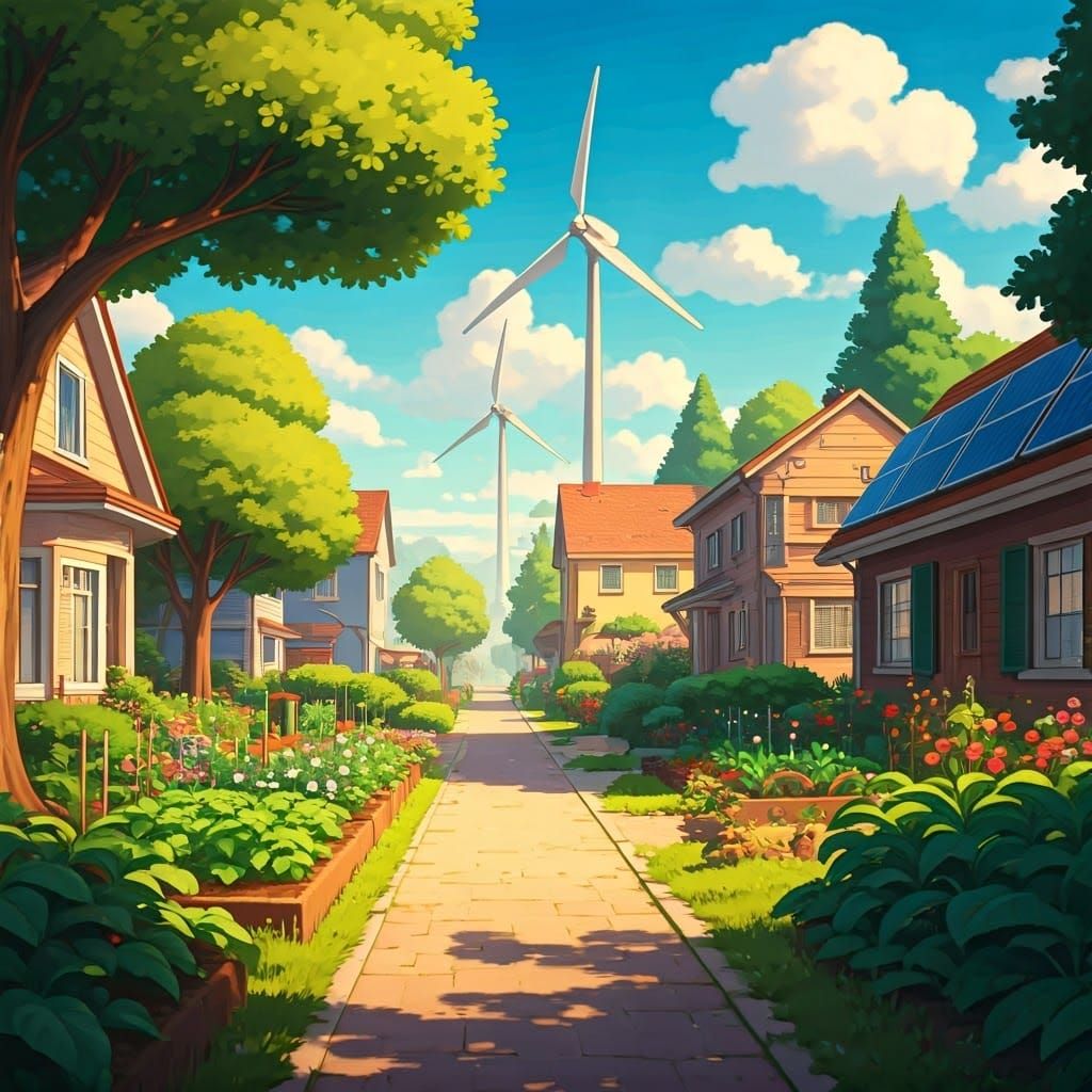 Eco-Friendly Neighborhood in Vibrant Stylized Scene