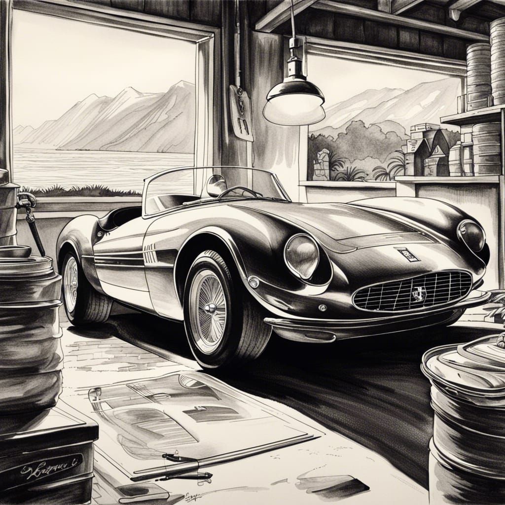 Ferrari vintage Black & White Ink Drawings collector car ins...