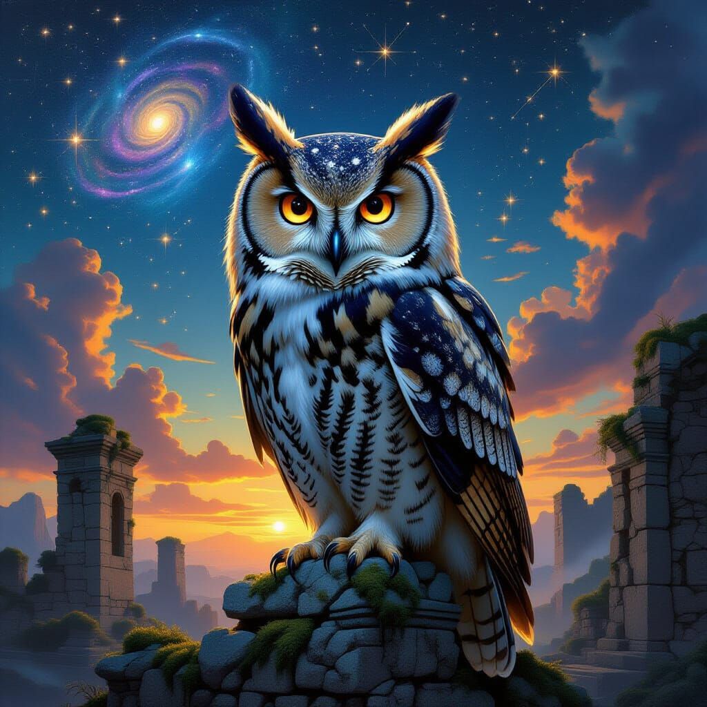 Ancient Owl on Ruins Under Cosmic Sky, Renaissance Style