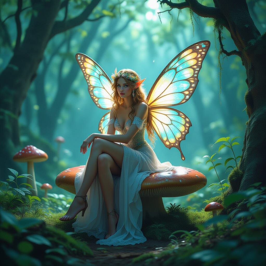 Forest Fairy on Mushroom Throne, Art Nouveau Style