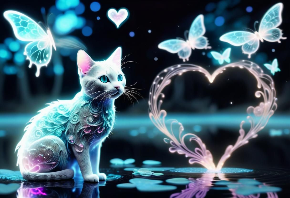 Bioluminescent Fairy Cat with Psychedelic Background
