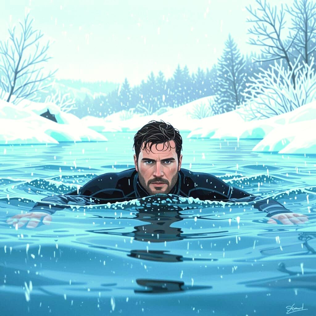 Icy Swim in Wetsuit: Realistic Atmospheric Style