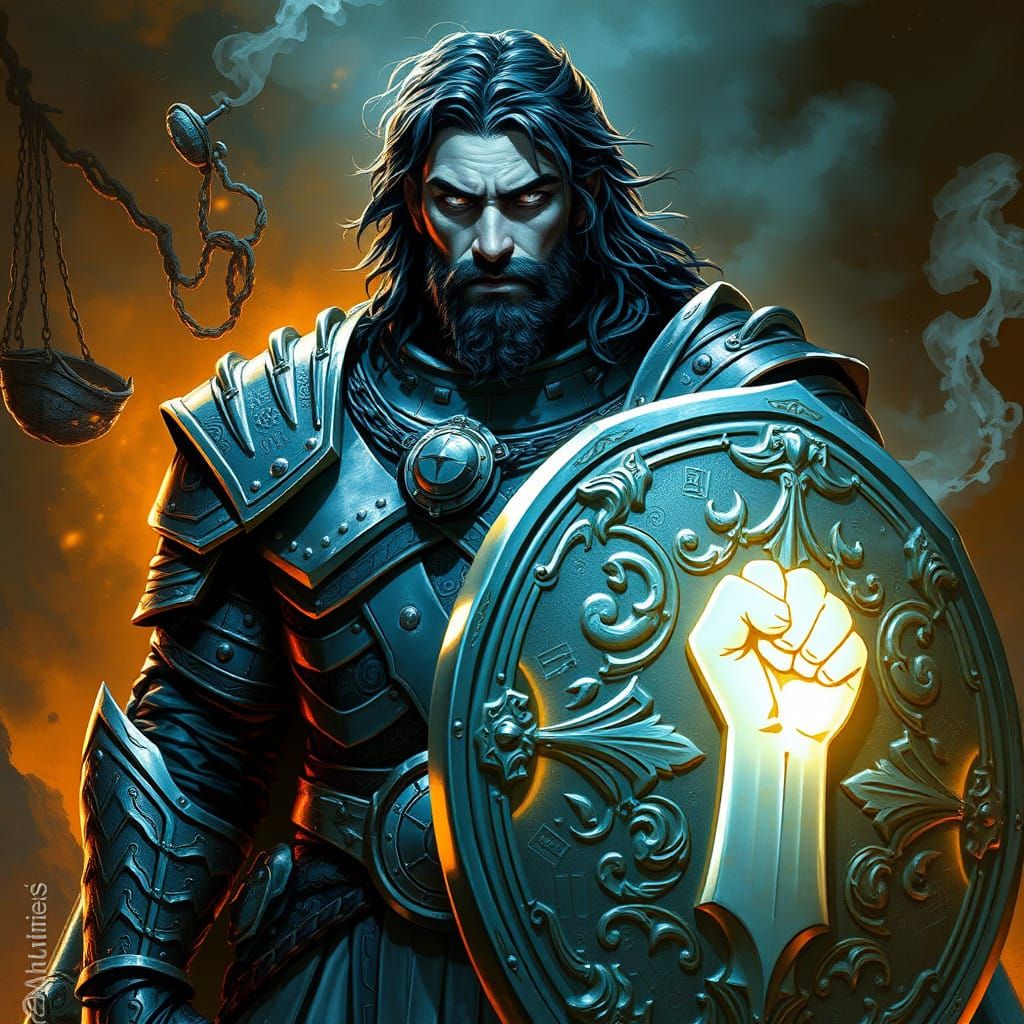 Rugged Aasimar Paladin in Heroic Armor with Divine Silver Sk...