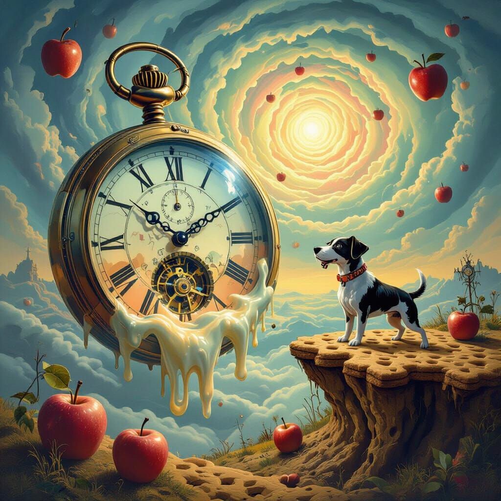 Surreal Pocket Watch Melting into Apple Landscape with Clock...