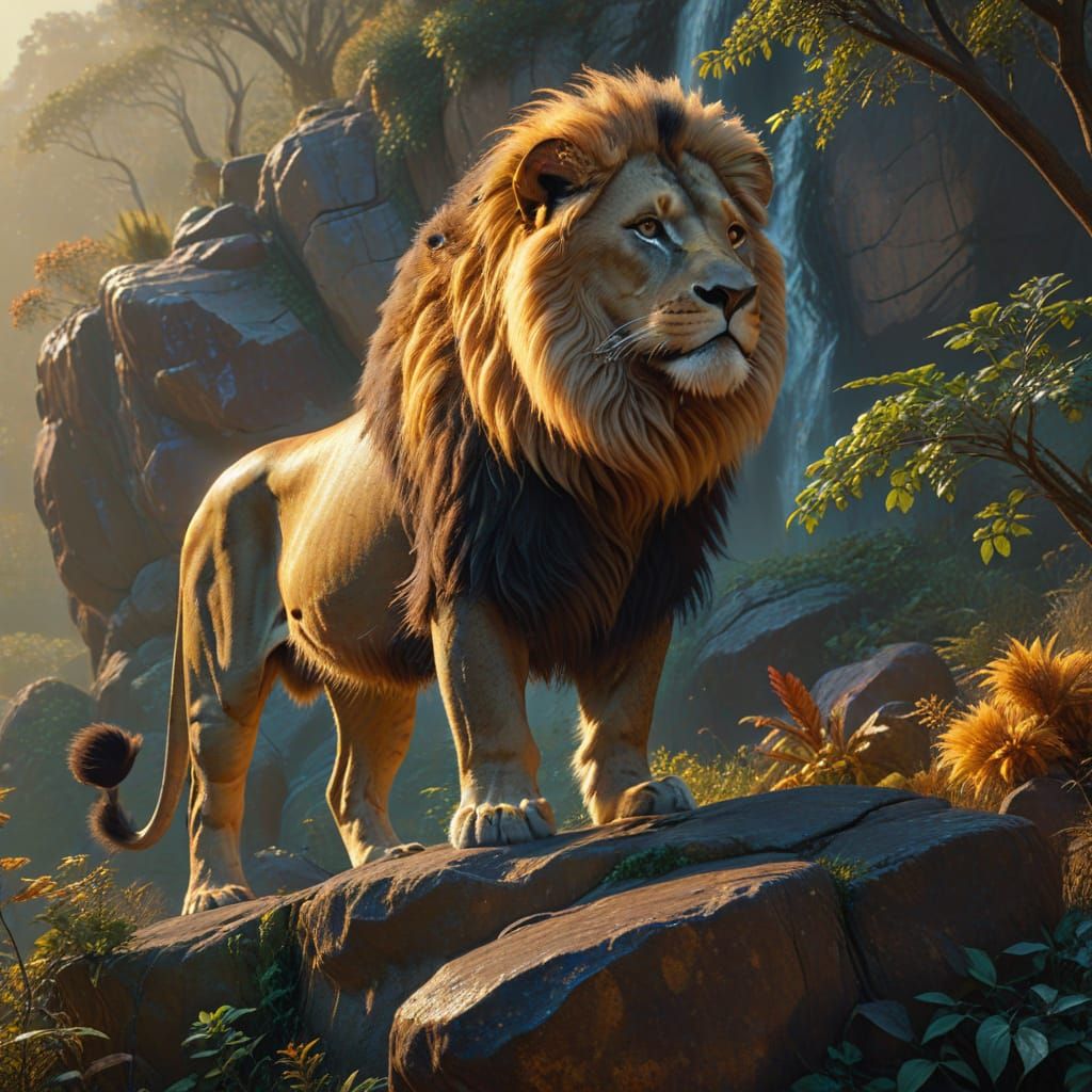 Lion Overlooking Jungle in Digital Painting Style