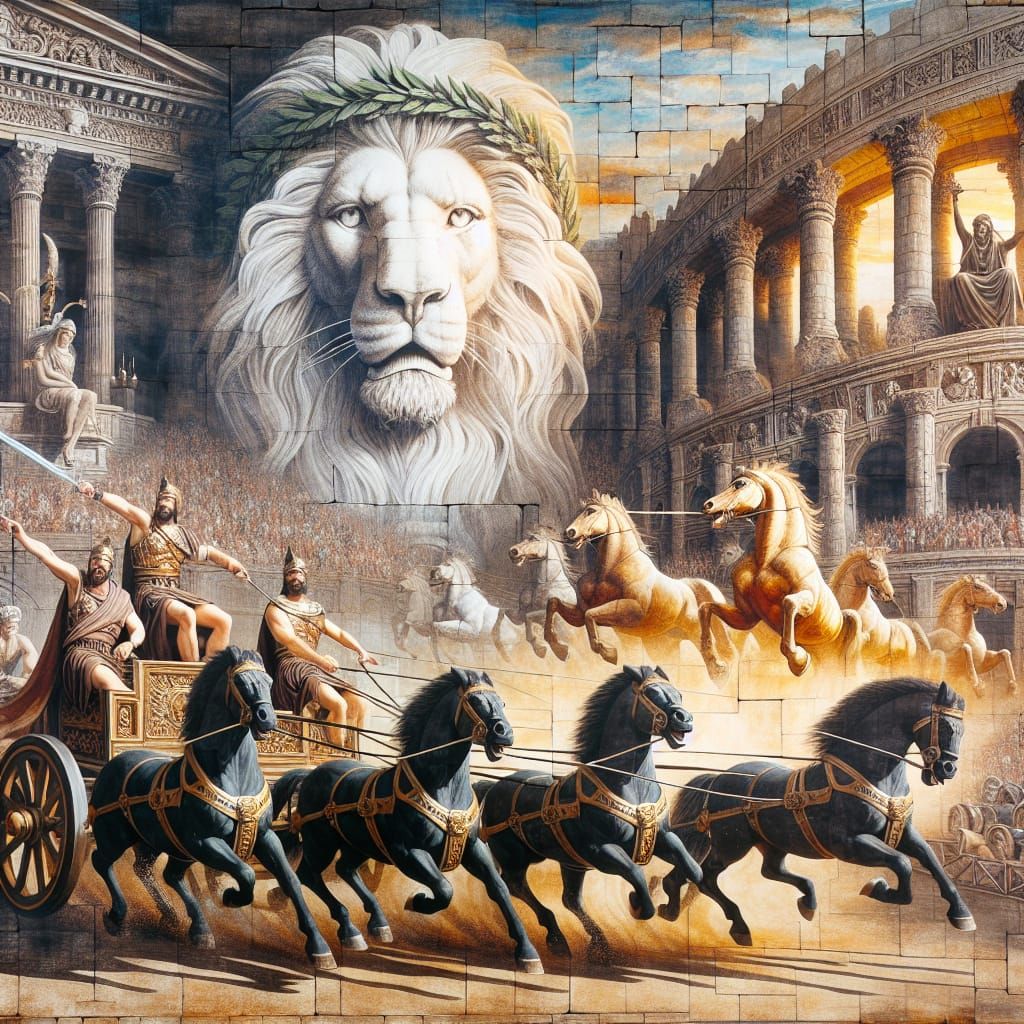 An epic painting from ancient times depicting a chariot race...