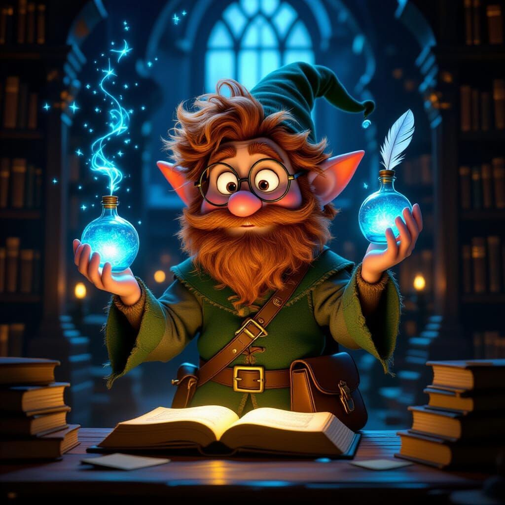 Whimsical Library Elf in Cinematic Disney-Pixar Style