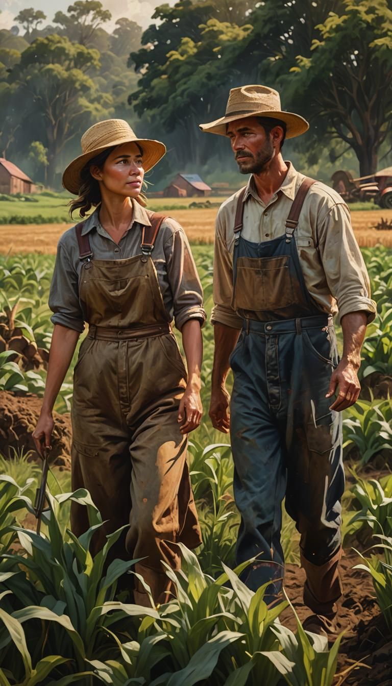 Farmers Working Together in Lush Field: Hyperrealistic Oil P...
