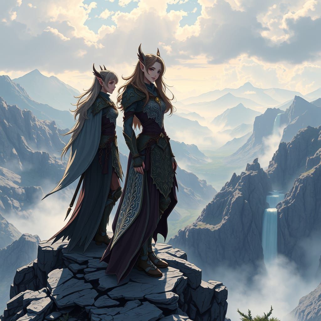 Majestic Elven Warriors Stand atop Windswept Peak in Cel-Sha...