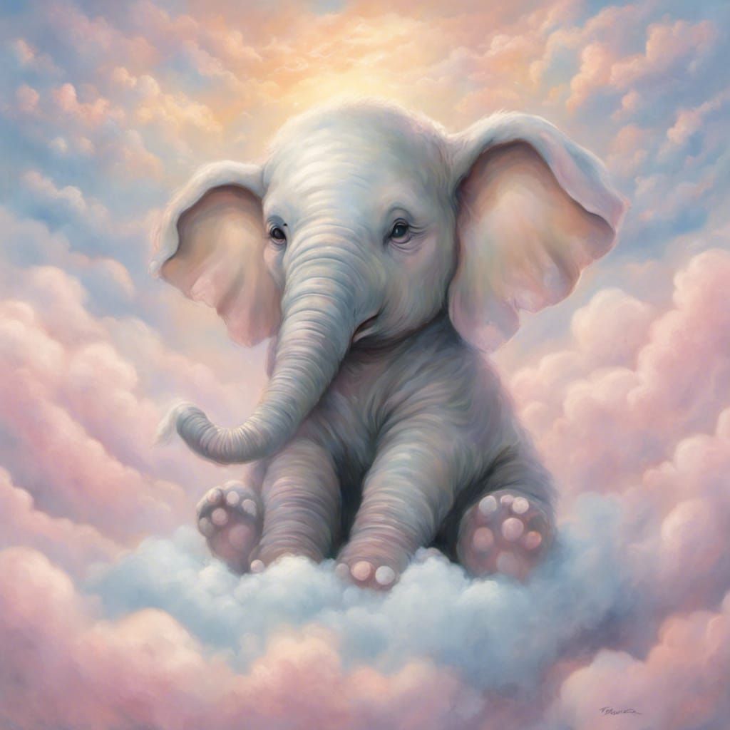 Cute Baby Elephant Sleeping in Pastel Clouds