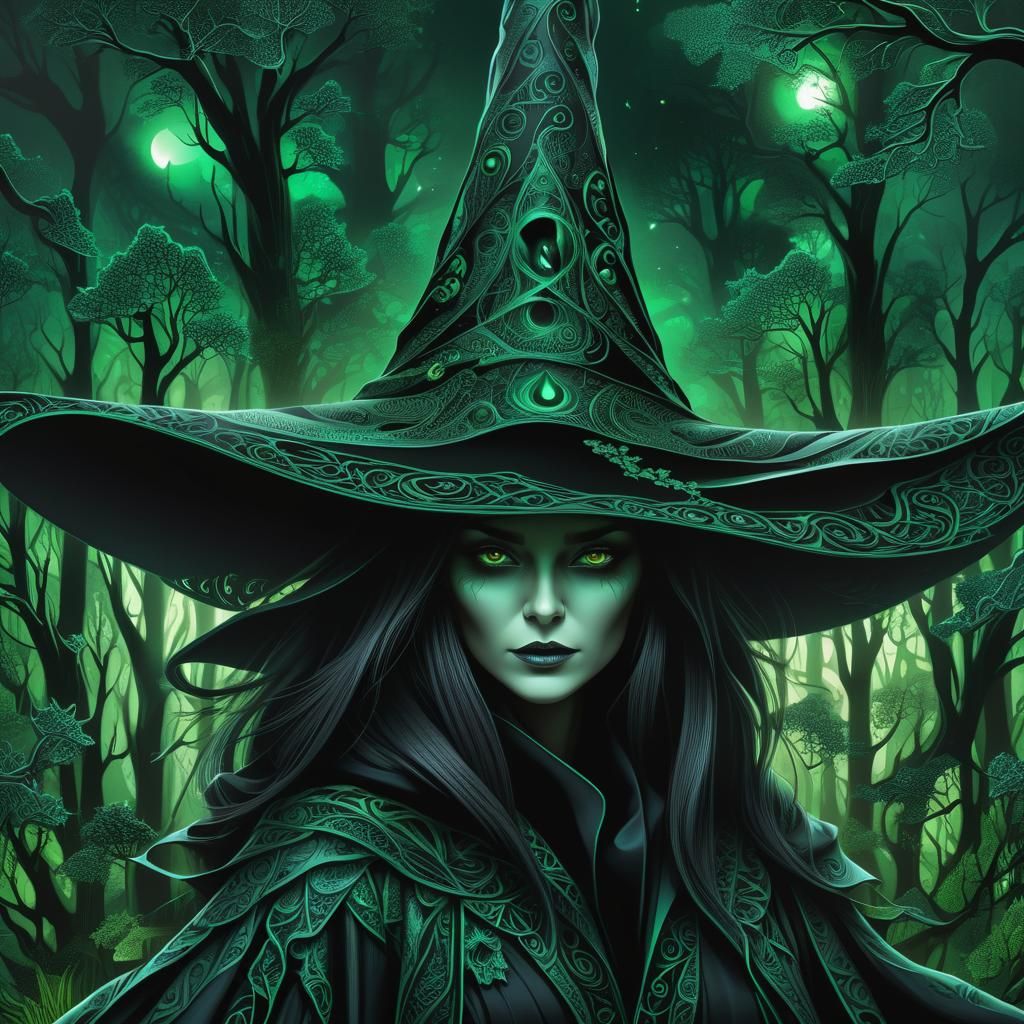Abstract Fractal Portrait: Witch in Emerald Forest