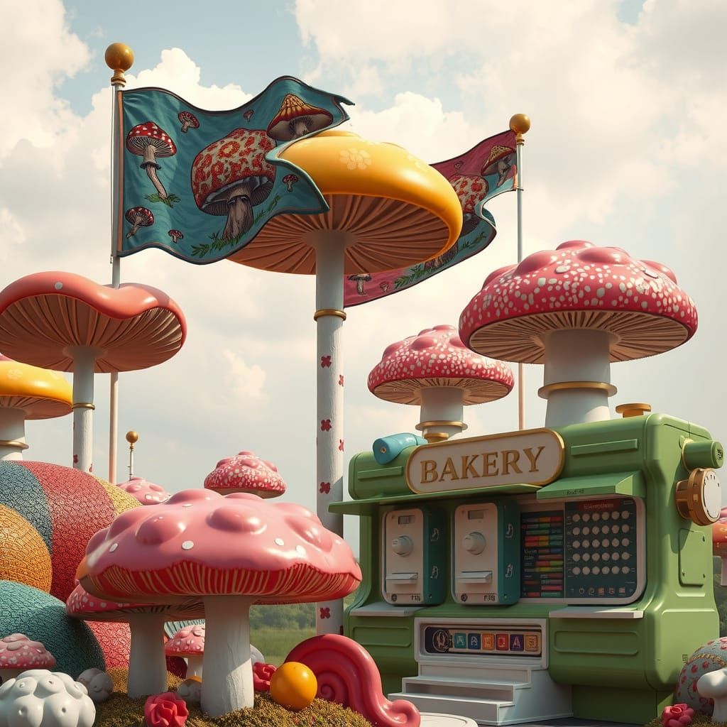 Whimsical Mushroom Flags and Chewing Gum Bakery