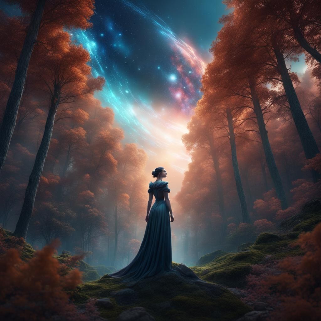Galaxy Woman Over Forest: Fantasy Concept Art