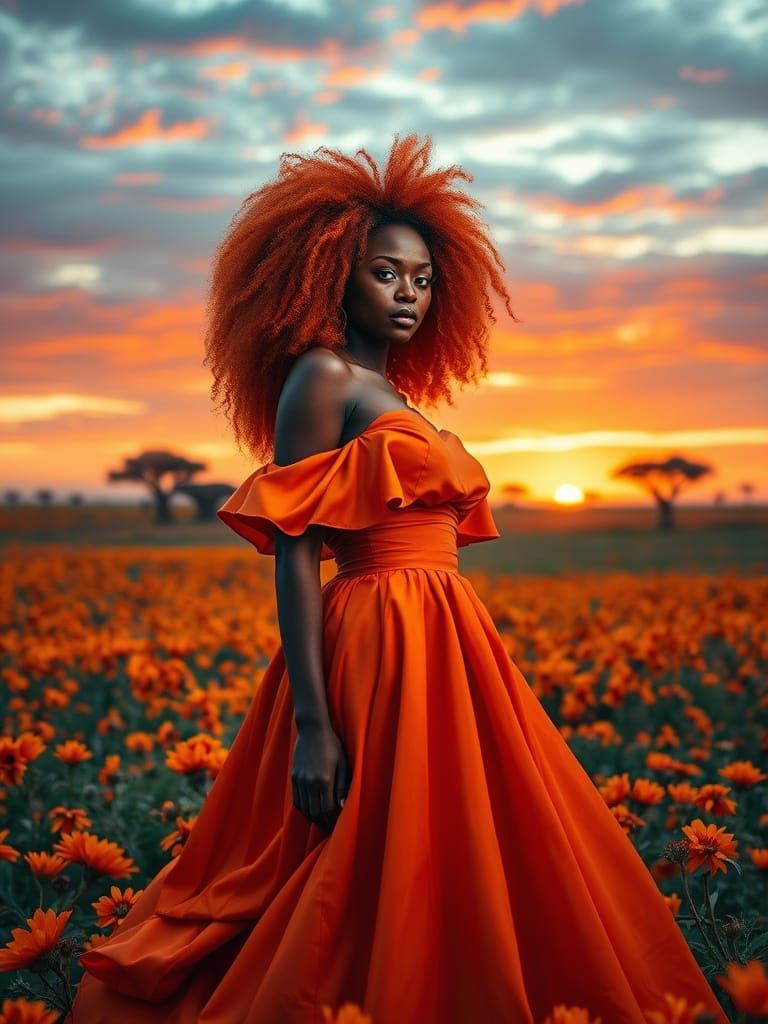 African Woman in Fiery Orange Gown Amidst Flower Field