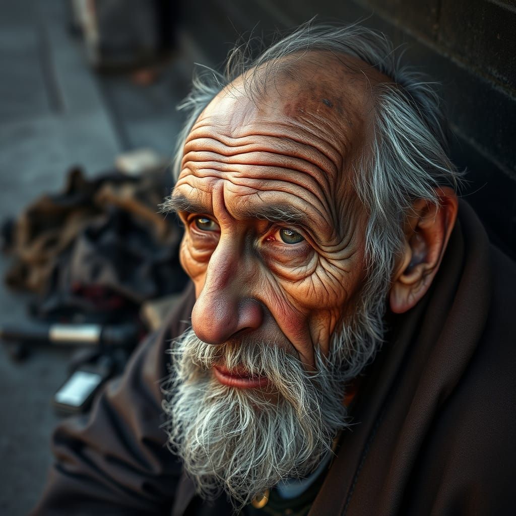 Weathered Elderly Homeless Man Close-Up Portrait