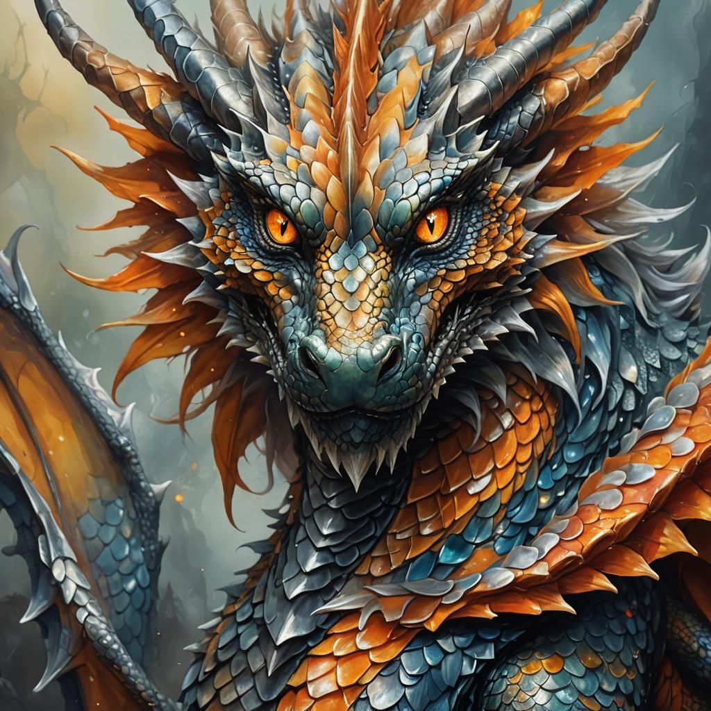 Orange and Silver Dragon Portrait in Oil Painting Style
