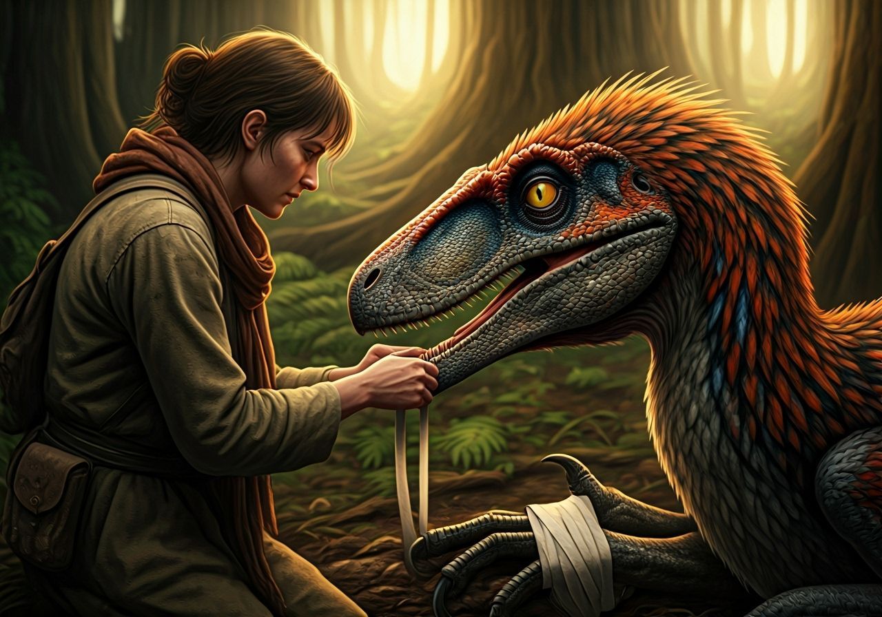 Bandaging a Wounded Utahraptor: Hyperrealistic Art