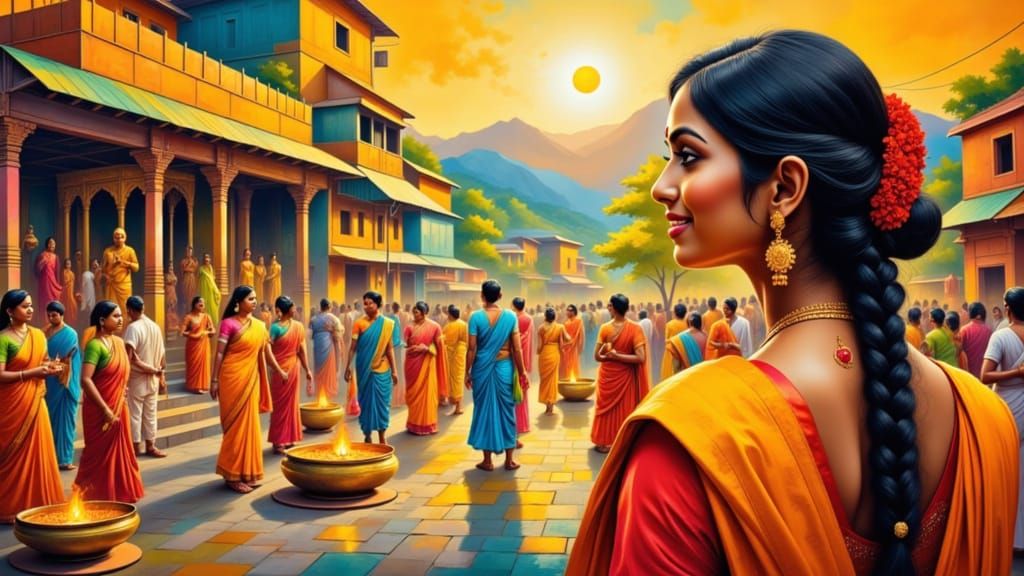 Woman Admires Puja Ceremony in Vibrant Sari