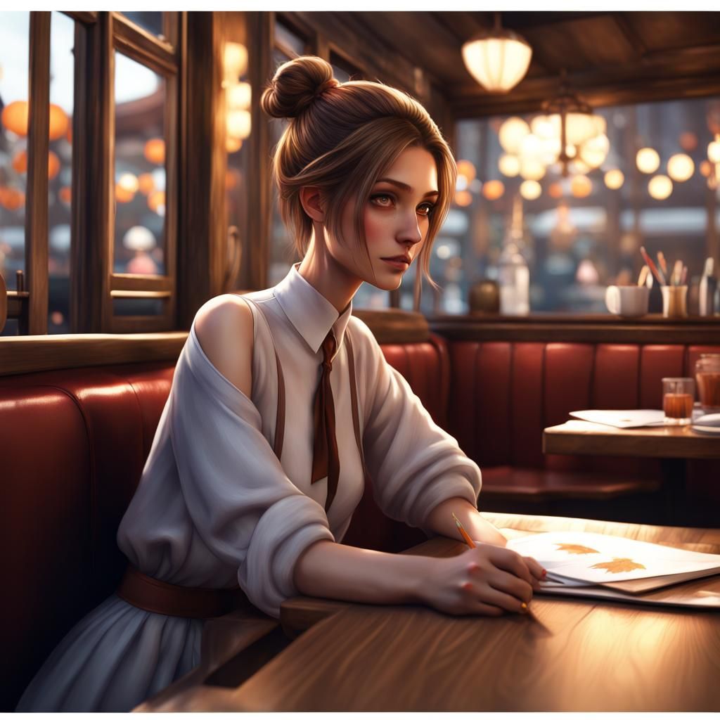 Introverted Anime Girl Sketching in Restaurant Booth