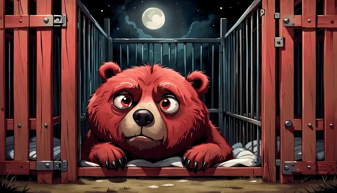 Storybook Bear in a Dog Kennel: A Grumpy, Wide-Eyed Portrait