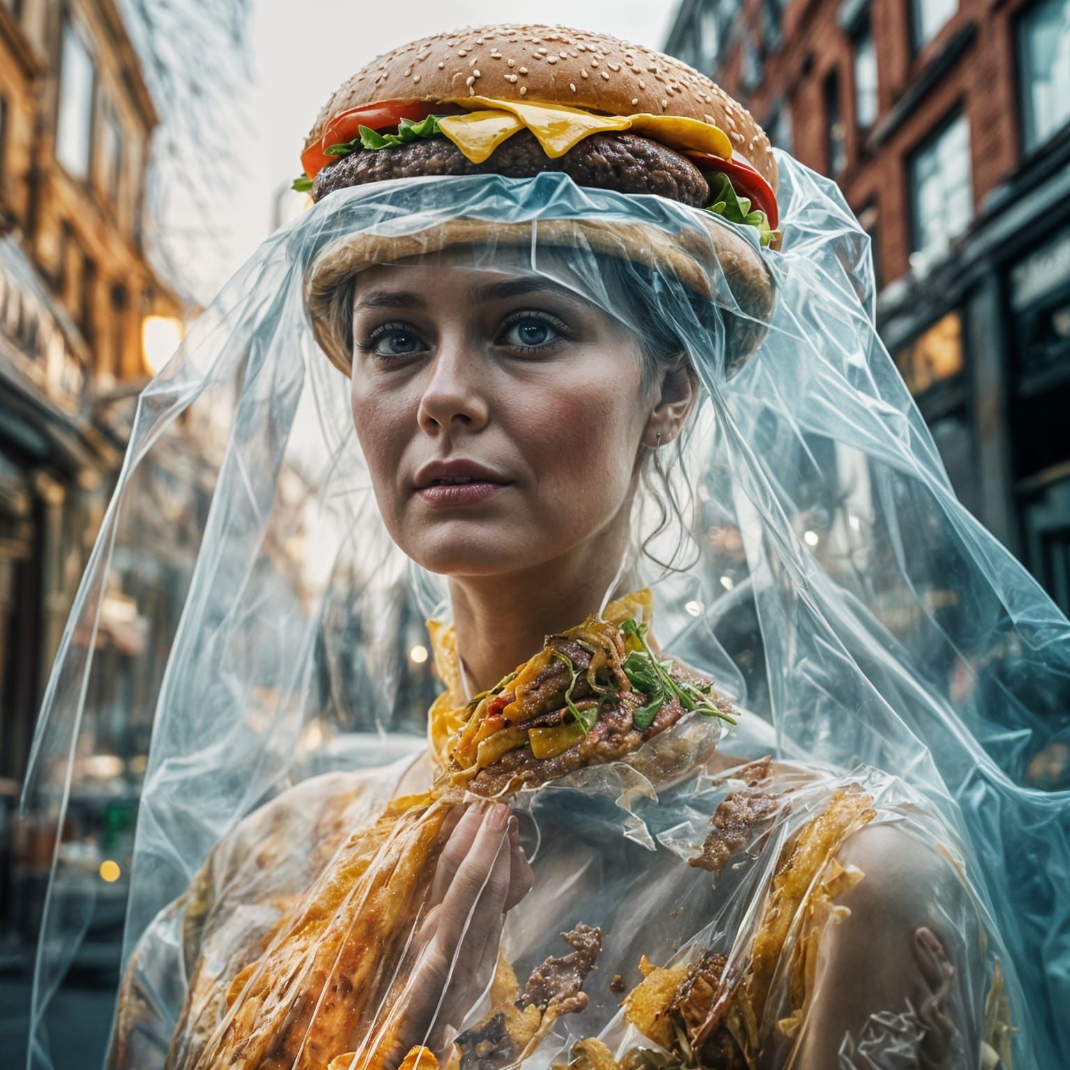 Woman Double Exposure Cheeseburger in 8k