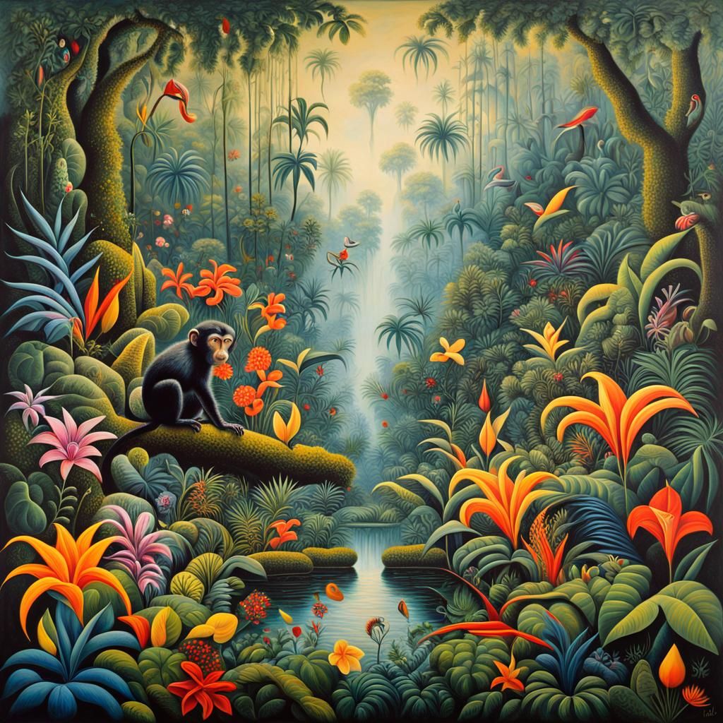 Enchanted Jungle Painting with Exotic Flowers