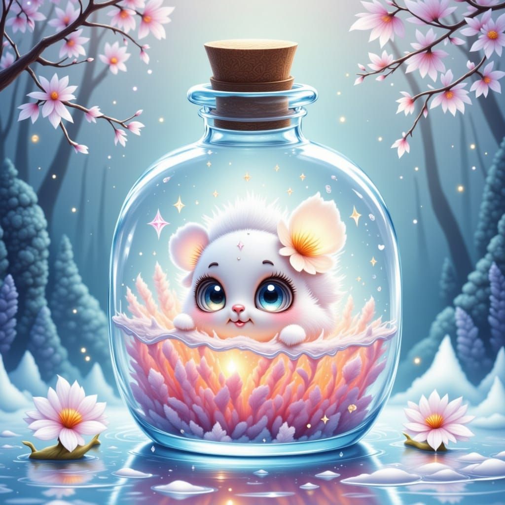 Adorable Creature in Mystical Bottle, Whimsical Fantasy Art