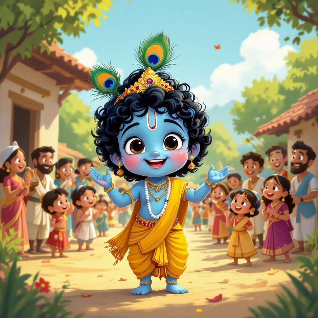Krishna's Birth Celebration: Whimsical Cartoon Illustration