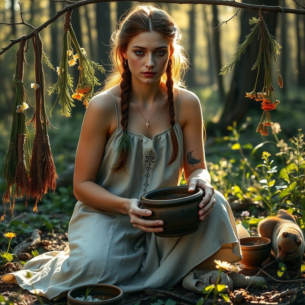 Slavic Herbalist in Forest Clearing at Dawn