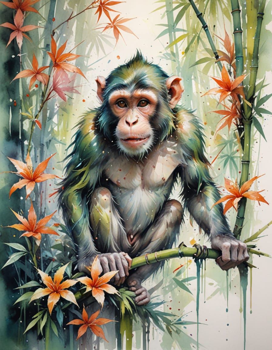 Monkey in Bamboo Labyrinth: Expressive Watercolour Art
