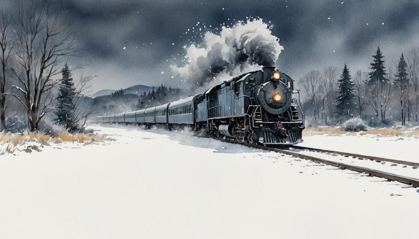 Snowy Train Journey in Winter Landscape: Watercolor Painting