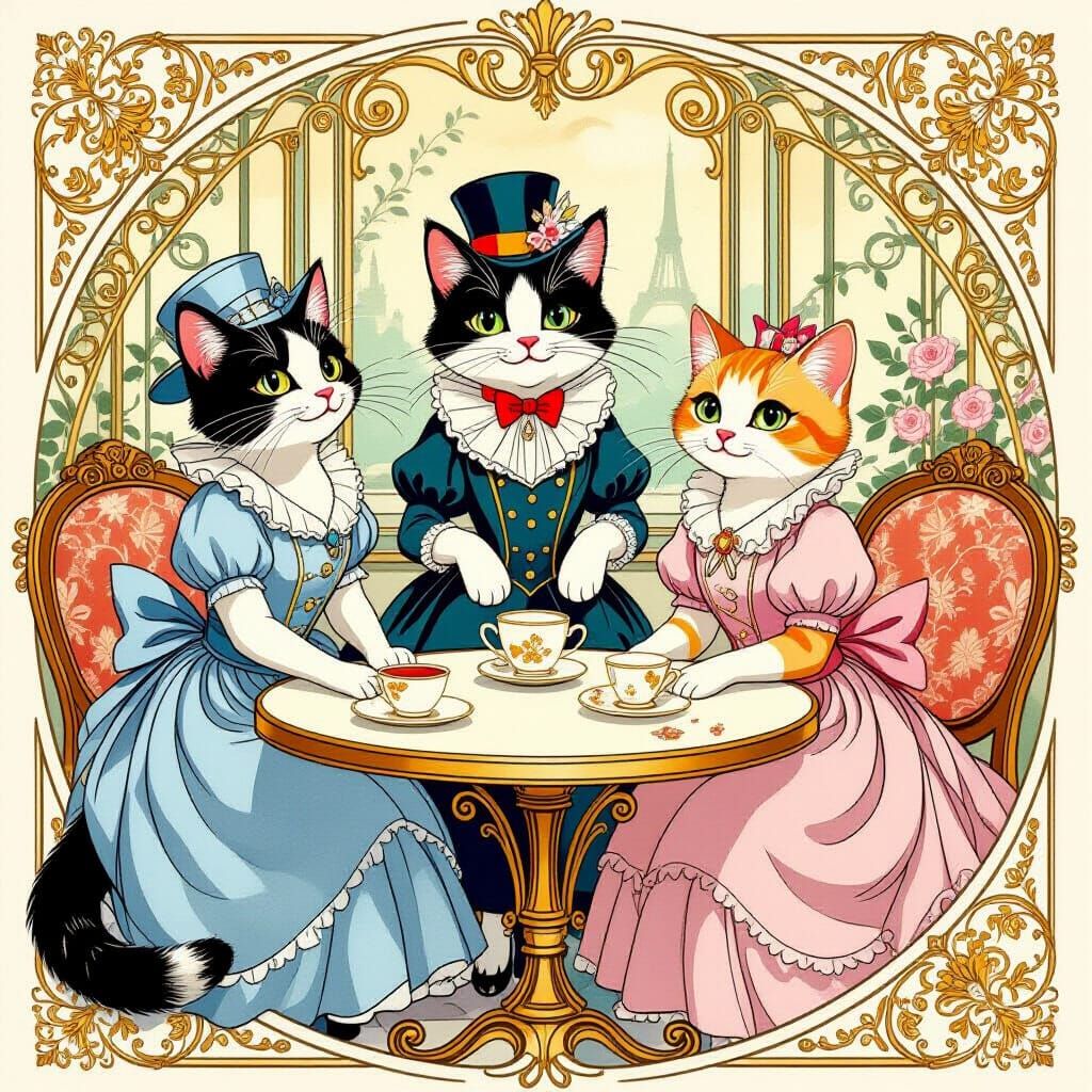 Elegant Cats in Parisian Style, Art Nouveau Animation