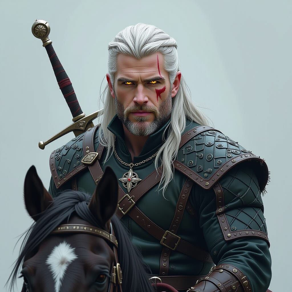 Geralt of Rivia on Roach in Dark Fantasy Style