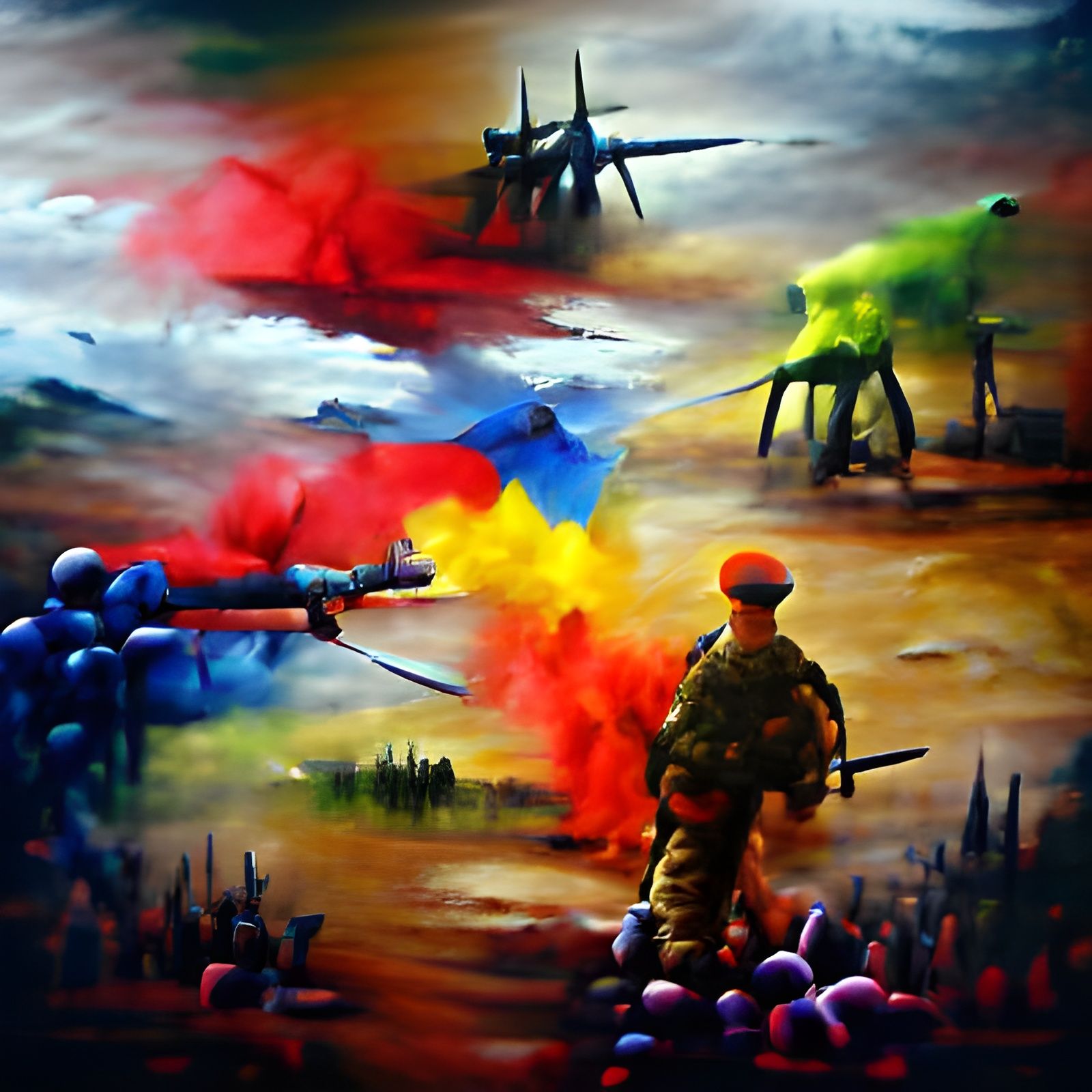 Colorful War Scene in Oil on Canvas