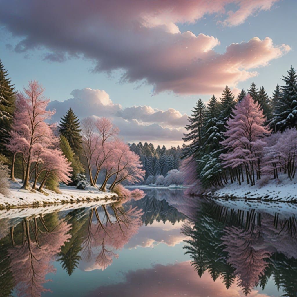 Pastel Reflections on Snowy Sky: A Landscape