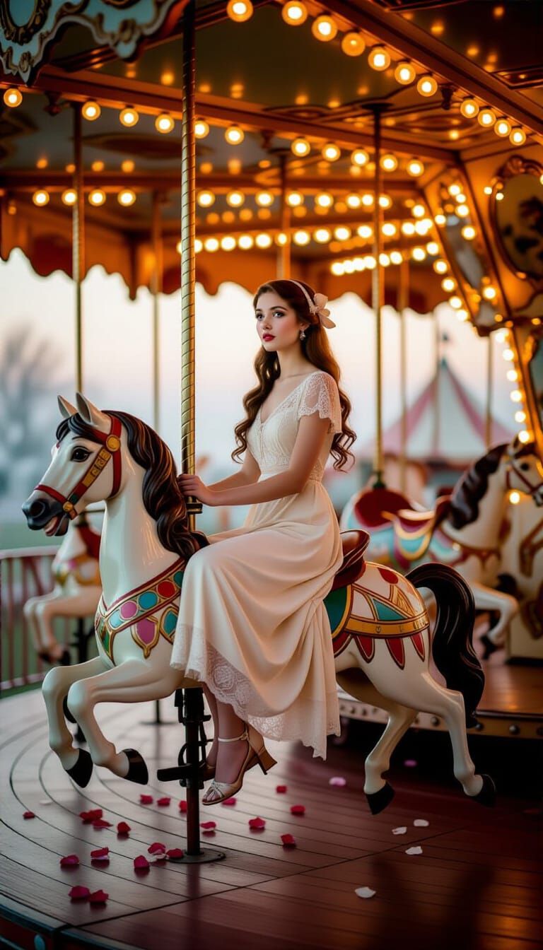 Young Woman on Faded Carousel Horse in Evening Fog