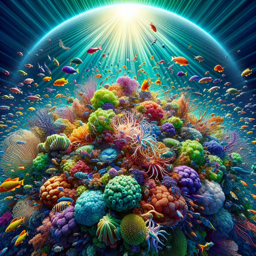 Coral reef with many types of fish swimming. Pixar, Disney, ...